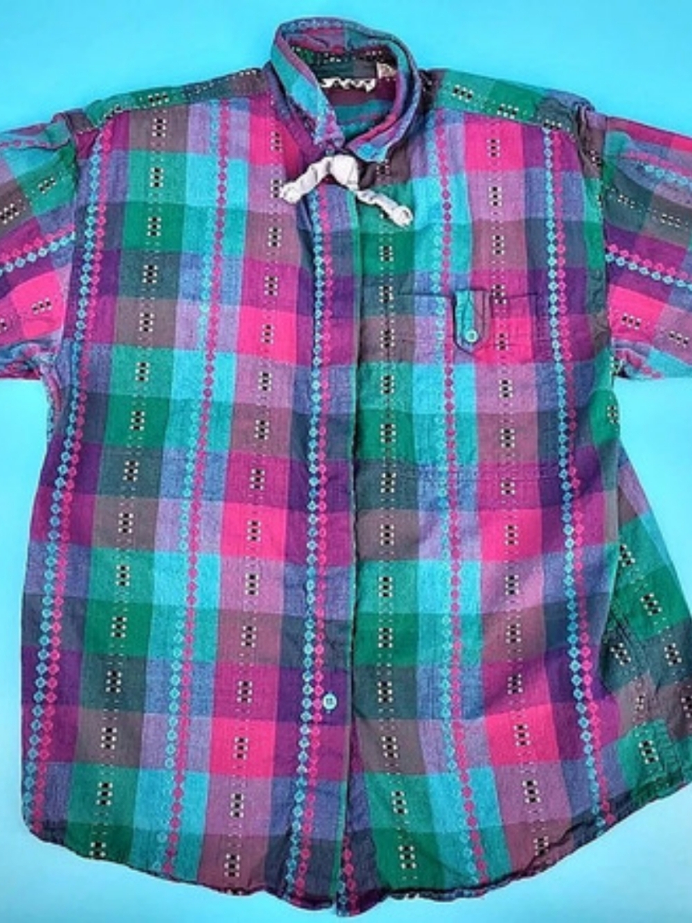Vintage KZK Plaid Short Sleeve Button Down Green & Pink